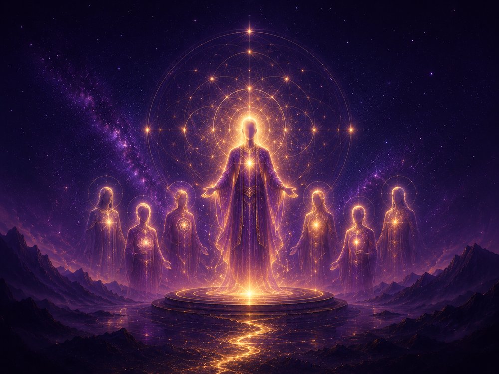 Saint Germain y los Maestros Ascendidos rodeados de geometría sagrada dorada sobre un cielo estrellado